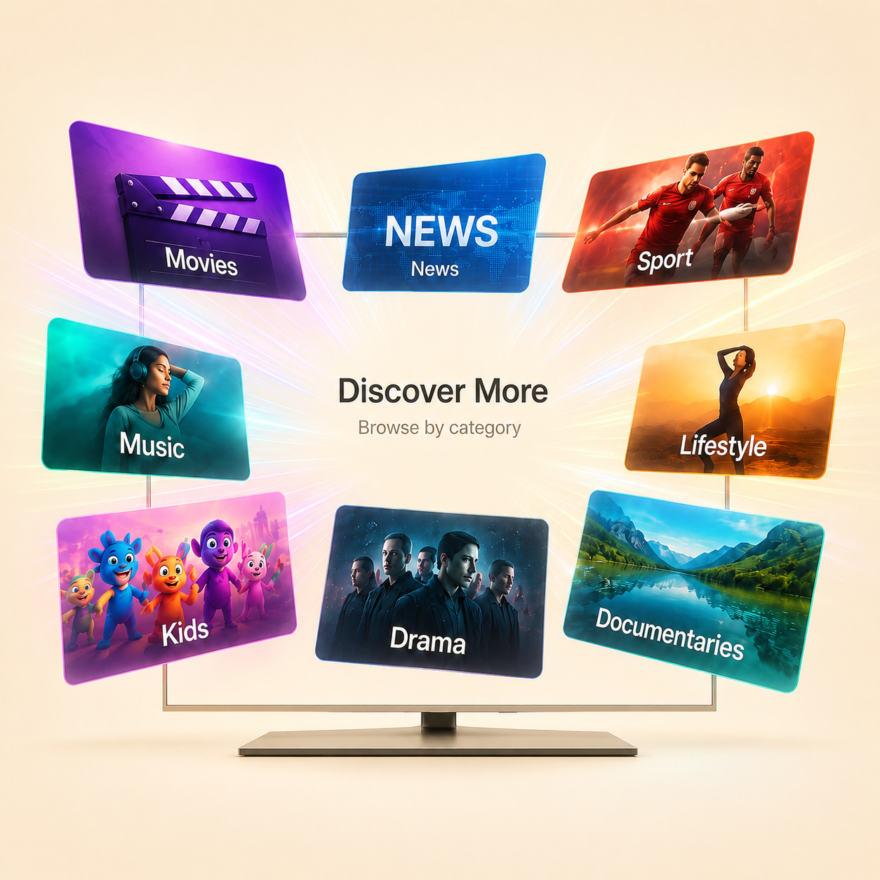TV surrounded by floating category tiles for movies, news, sport, music, lifestyle, kids, drama and documentaries