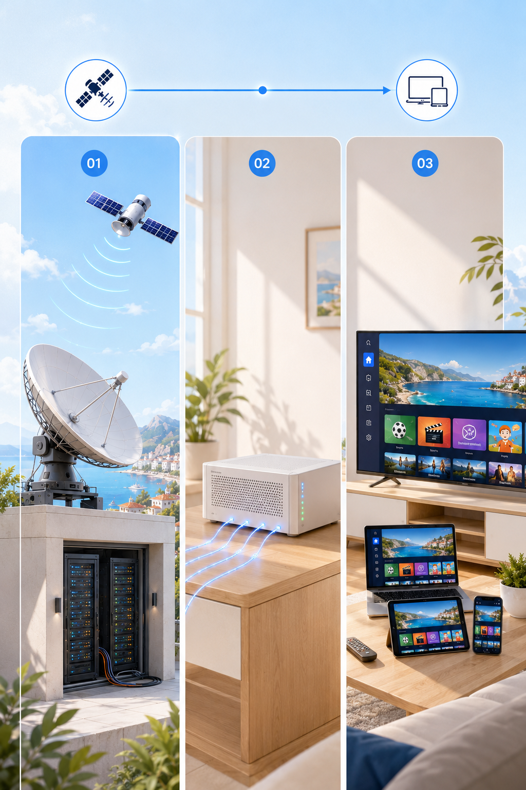 Three-step flow: satellite dish and reception racks, secure member server, then channels playing on TV, laptop, tablet and phone