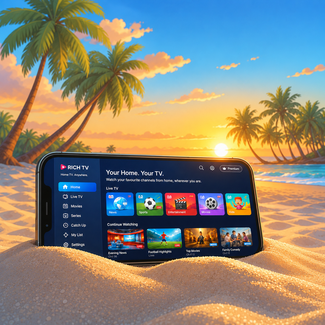 Smartphone on a beach at sunset showing the RICH TV channel guide