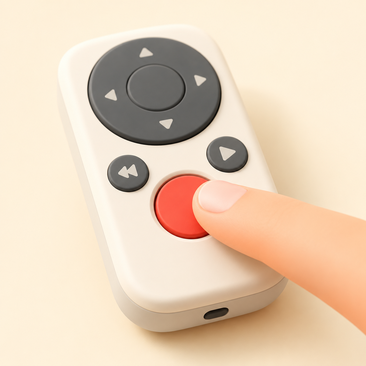 Finger pressing the red record button on a TV remote control