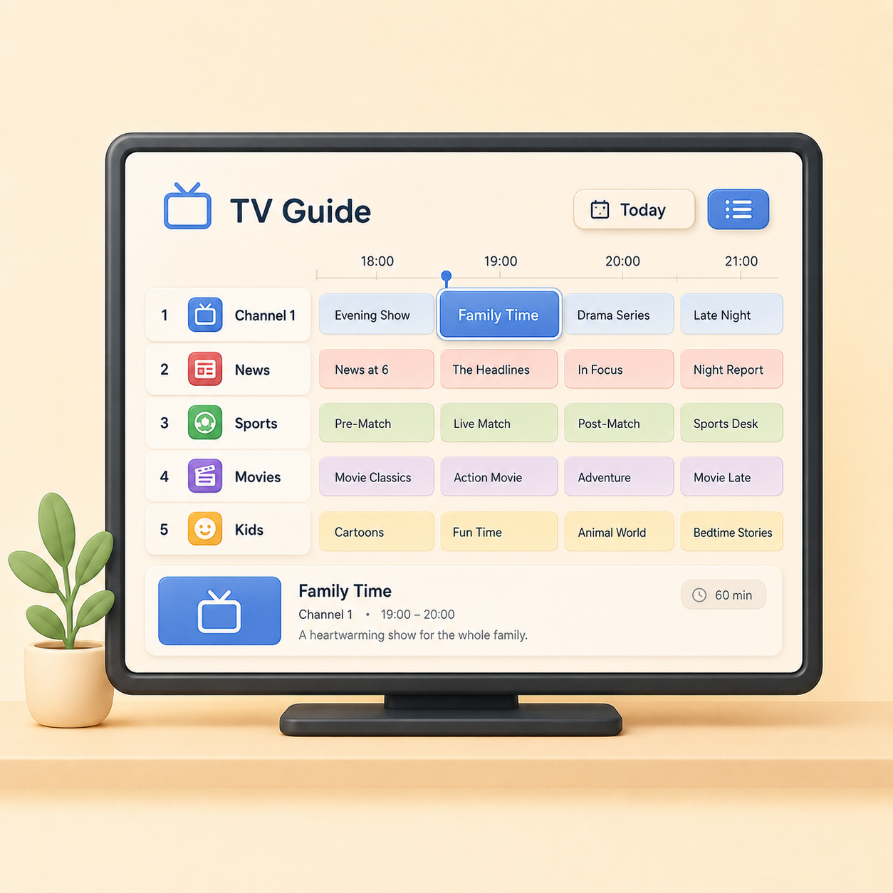 TV screen showing a programme guide grid with timeslots and show details