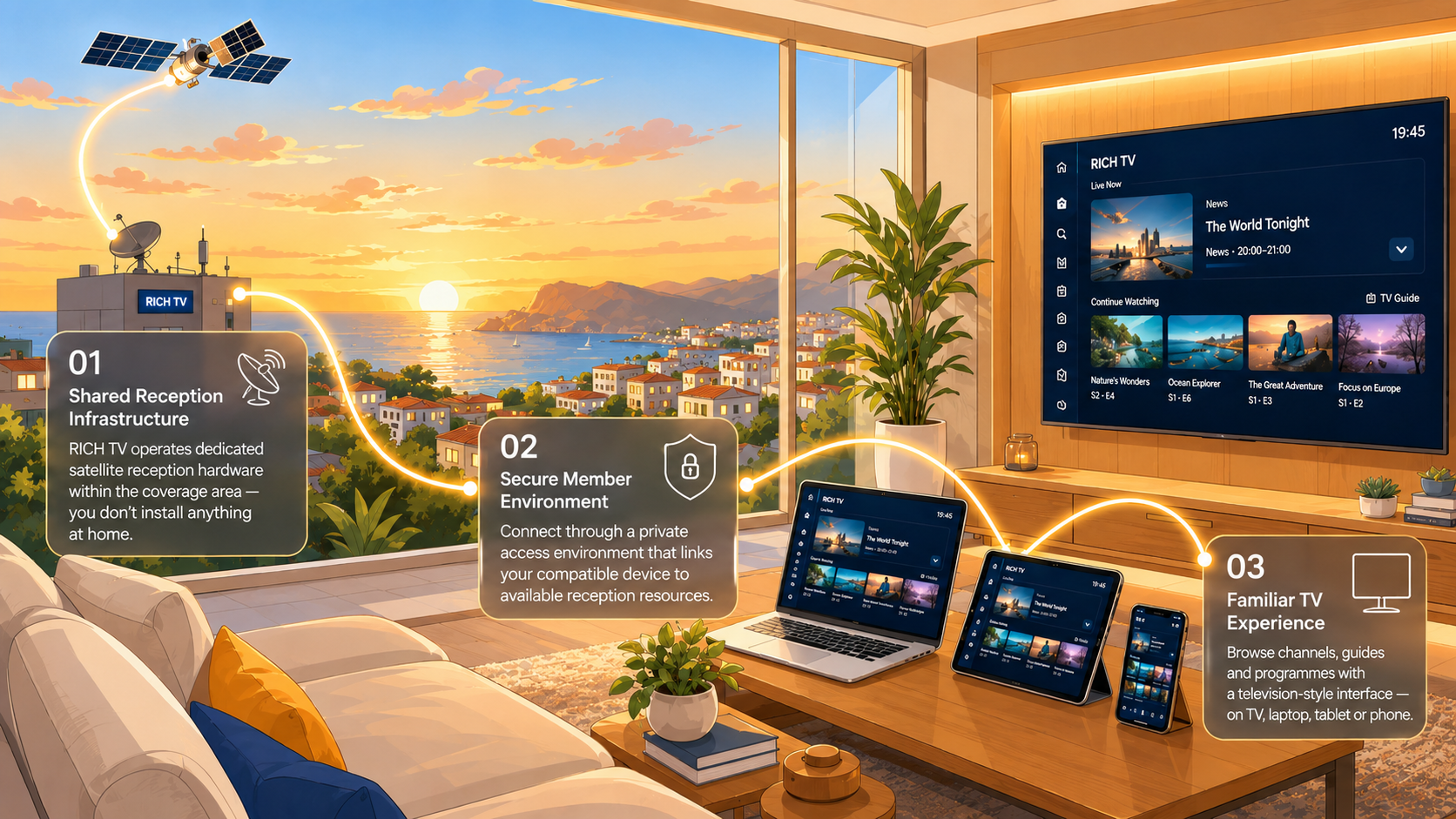Satellite signal flowing to a shared reception station and on to a TV, laptop, tablet and phone in a coastal living room