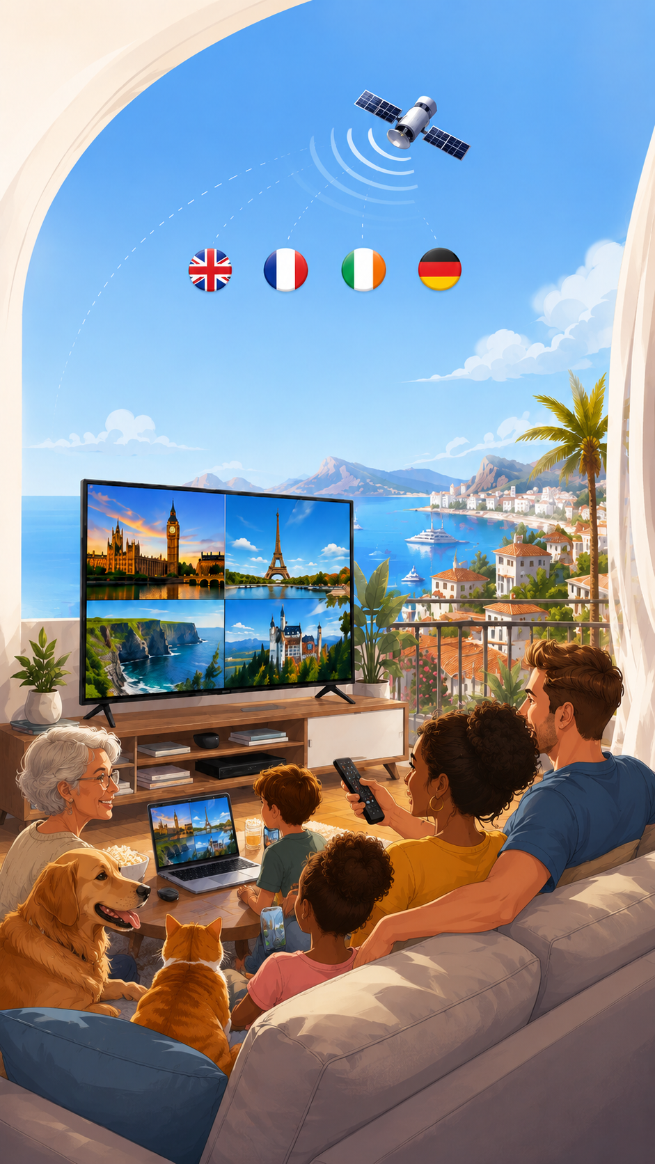 Family on a Mediterranean balcony watching UK, French, Irish and German channels on TV, laptop and phone