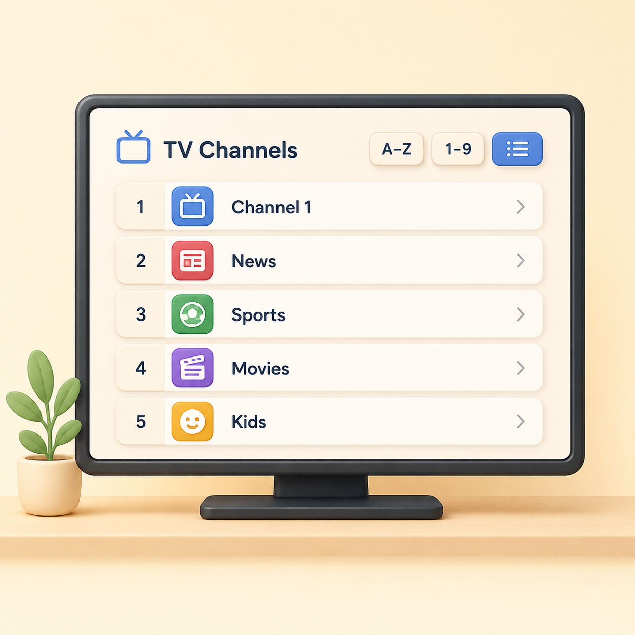 TV screen showing an organised channel list with A–Z and 1–9 sorting options