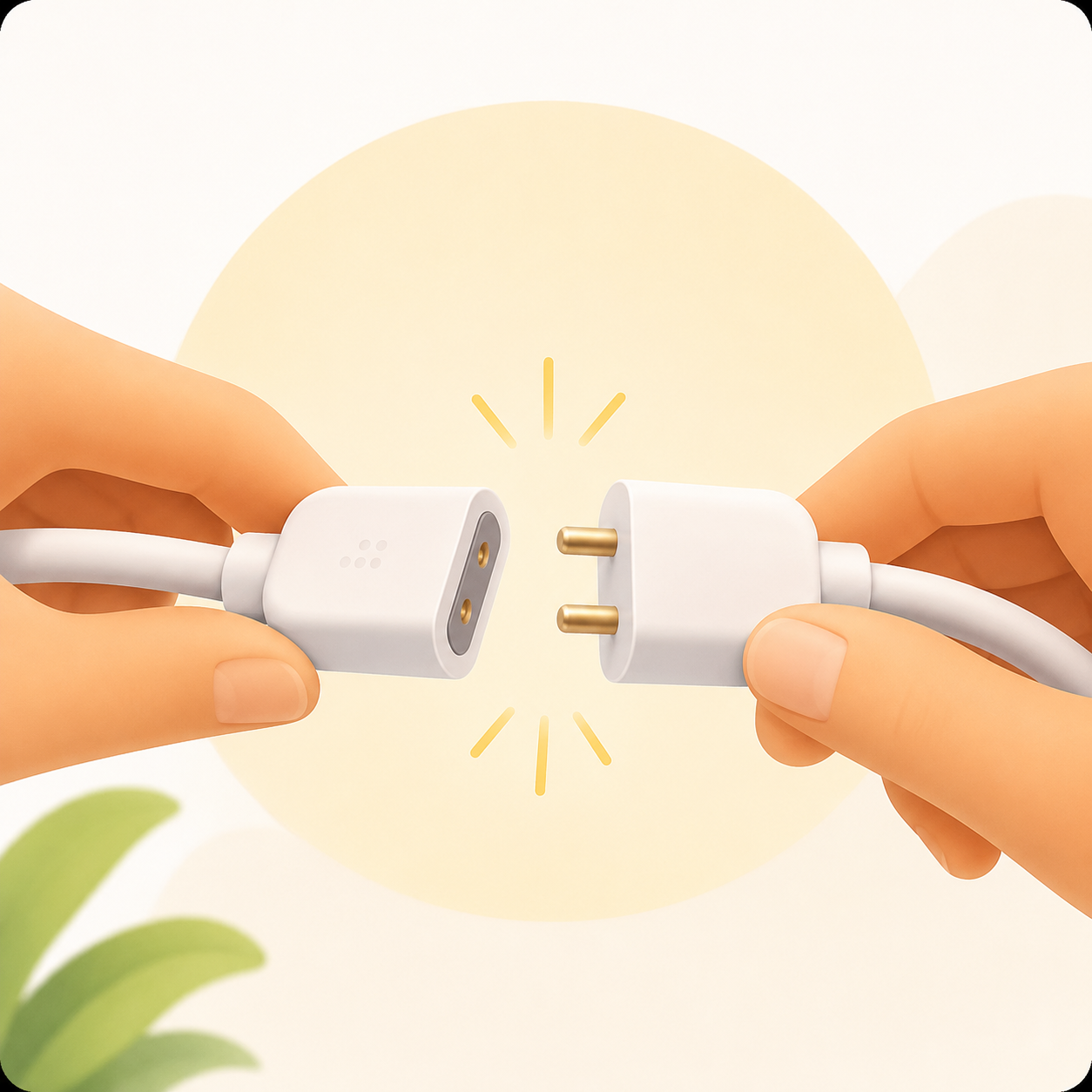Two hands connecting a plug and socket, illustrating simple setup