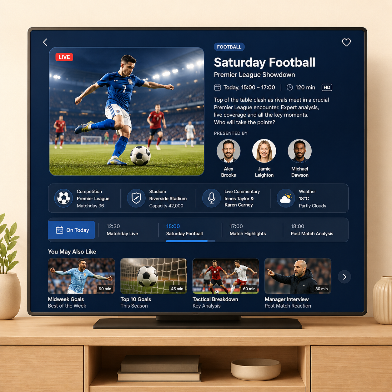 Wall-mounted TV showing a detailed programme page with schedule, presenters and related shows